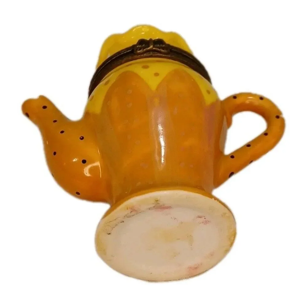 Miniature Tea Pot Trinket Box Hinged Lid Pill Case Hand Painted Metal Enameled